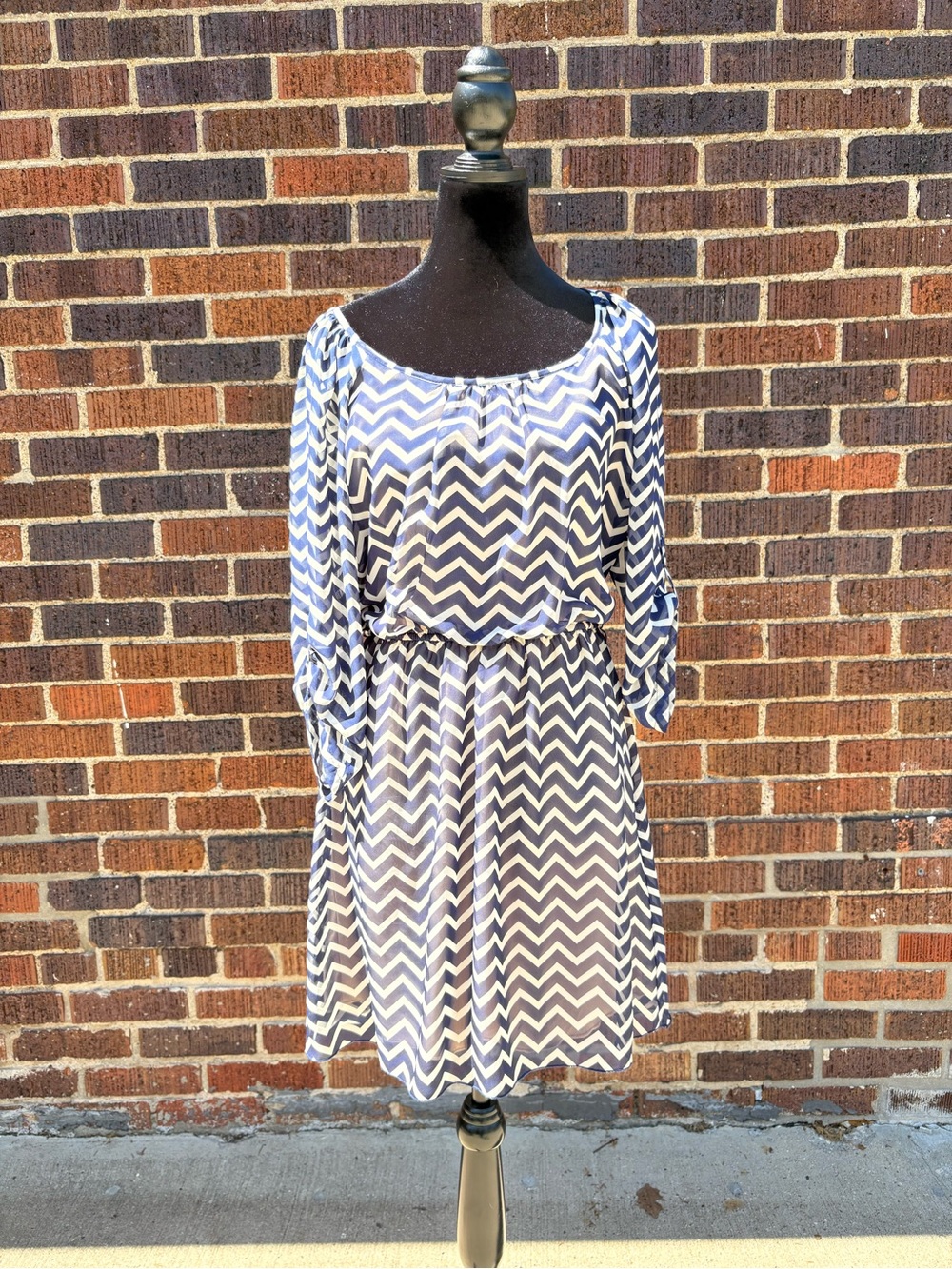 Speechless Navy and White Chevron Long Sleeve Dress